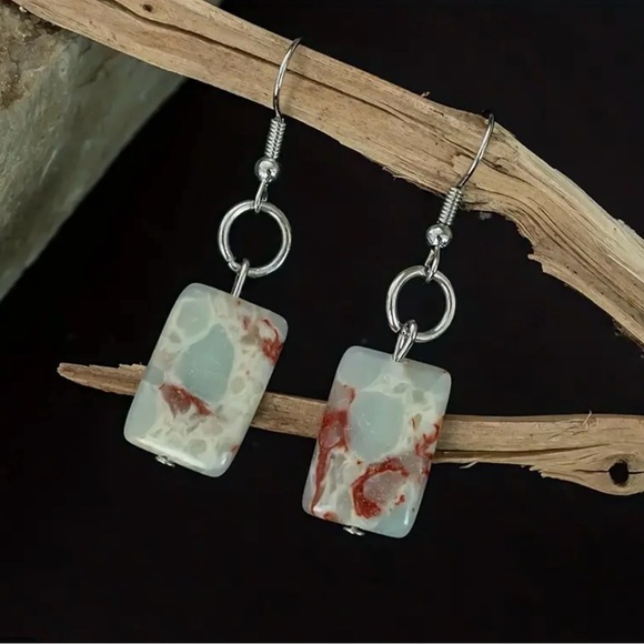 Rectilinear Shoushan Stone Agalmatolite Pagodite Marbled Geometric O-Ring Dangle - Picture 6 of 10